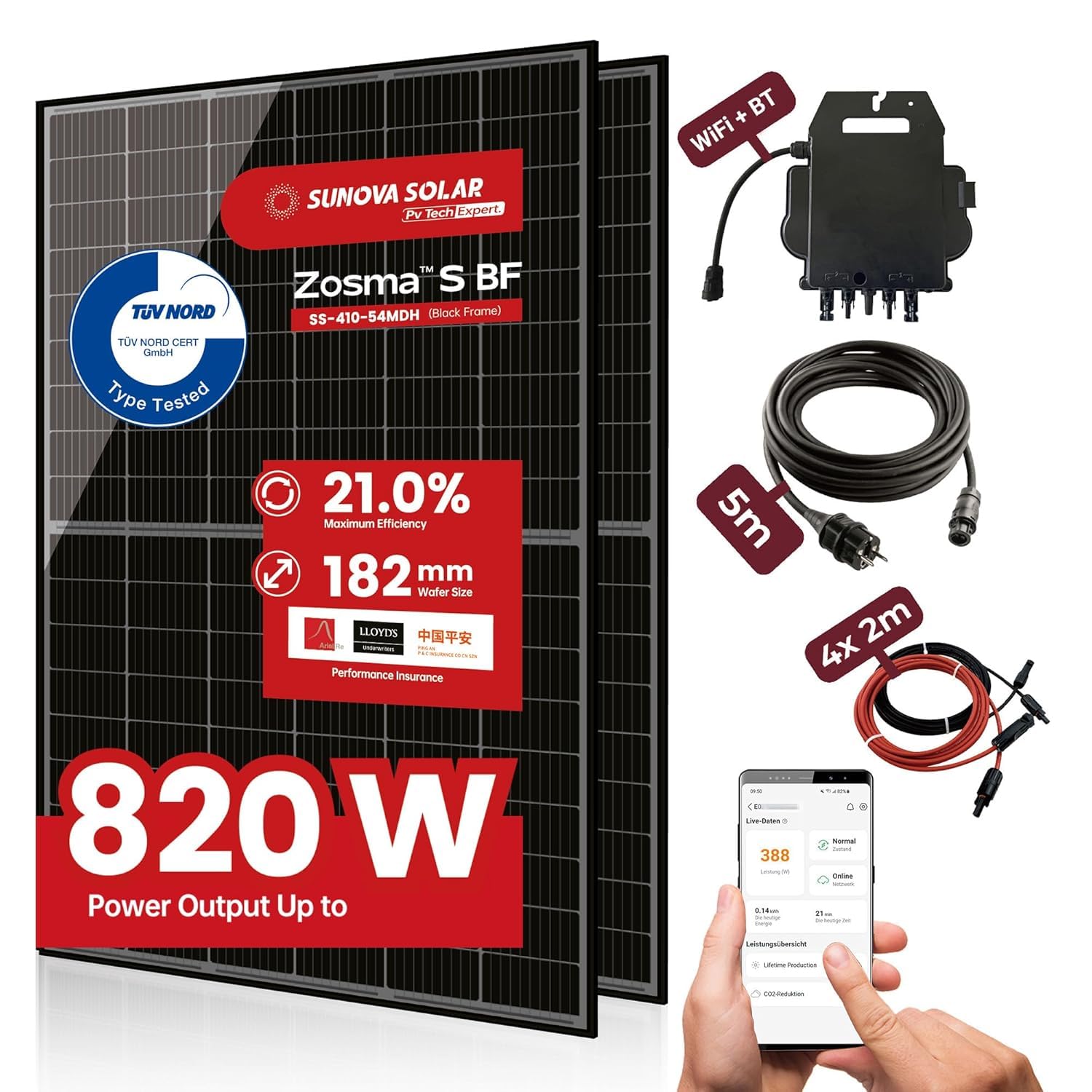 Balkonkraftwerk 820 Watt Komplettset mit 2 x 410W Mono-PERC Solarmodulen der Marke Sunova Solar, Steckdose, Wechselrichter von APsystems, 10 Meter Schukokabel, 4 x 2 Meter DC Kabel, mit Halterung von Sunova Solar