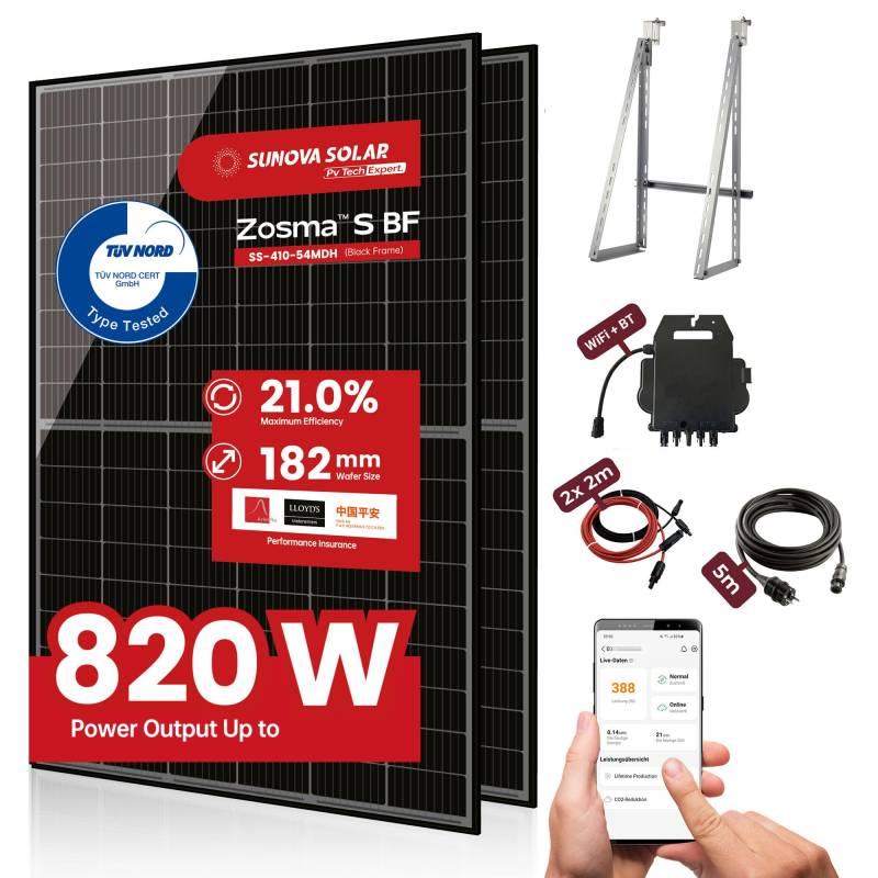 Balkonkraftwerk 820 Watt Komplettset mit 2 x 410W Mono-PERC Solarmodulen der Marke Sunova Solar, Steckdose, Wechselrichter von APsystems, 5 Meter Schukokabel, 2 x 2 Meter DC Kabel, mit Halterung von Sunova Solar