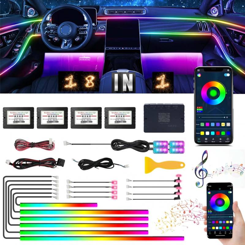 Auto LED Innenbeleuchtung,6M/ 18 in 1 RGB Auto Innenraumbeleuchtung,12V Led Atmosphäre Licht Auto,App+Fernbedienung Control steuerbare Innenbeleuchtung Laser,Mehrfarbige Ambientebeleuchtung von Sunshine smile