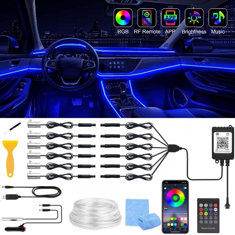 Auto LED Innenbeleuchtung,6M/ 6 in 1 RGB Auto Innenraumbeleuchtung,12V Led Atmosphäre Licht Auto,App+Fernbedienung Control steuerbare Innenbeleuchtung Laser,Mehrfarbige Ambientebeleuchtung von Sunshine smile