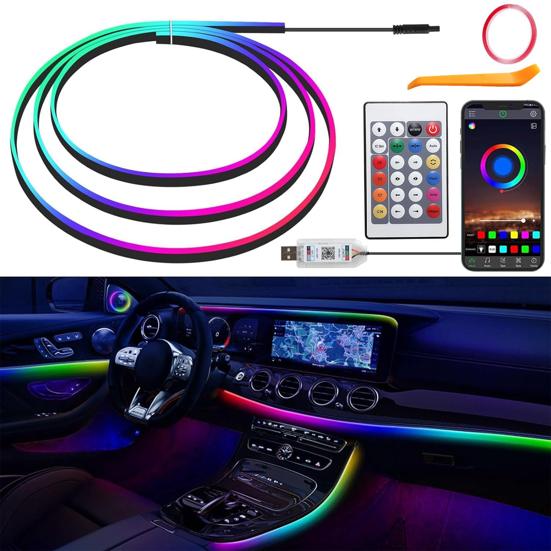 LED Innenbeleuchtung Auto,110cm Ambientebeleuchtung Auto Strip,USB-Auto Innenraumbeleuchtung,LED Auto Faseroptikstreifen,LED Auto Ambient Lighting,APP Neonbeleuchtung Autos,RGB Innenbeleuchtung Auto von Sunshine smile