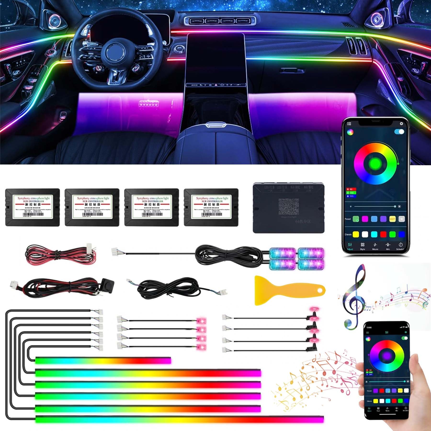 LED Innenbeleuchtung Auto,18 in 1 Auto Innenraumbeleuchtung,LED Auto Faseroptikstreifen,LED Auto Ambient Lighting,APP Neonbeleuchtung Autos,RGB Innenbeleuchtung Auto mit Musiksynchronisationsrhythmus von Sunshine smile