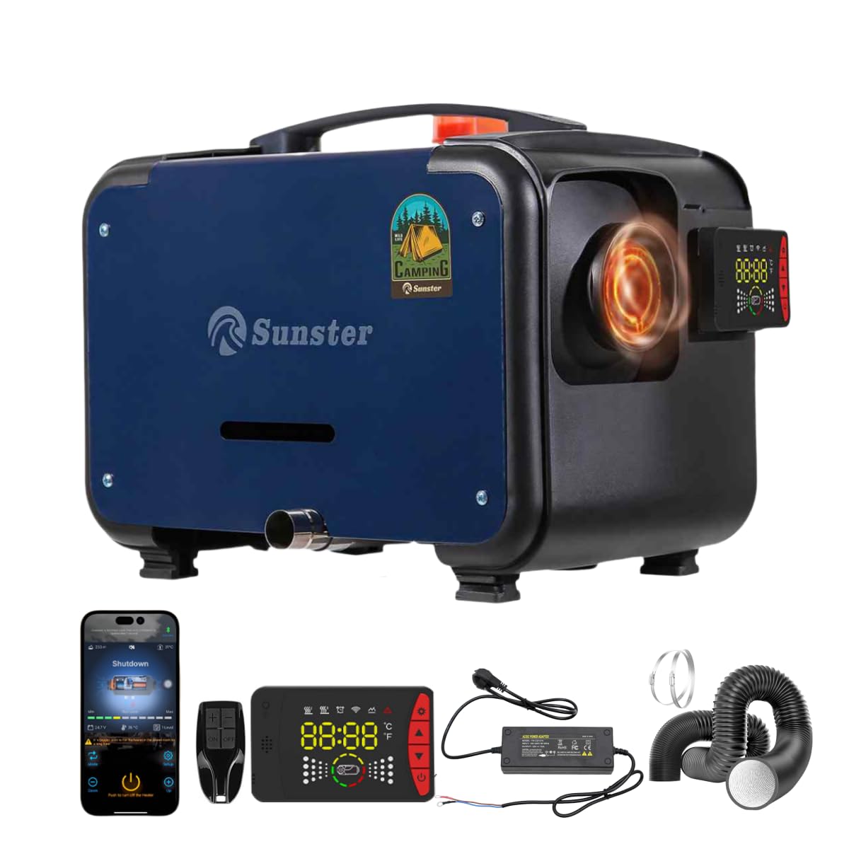 Sunster 8kW Luft Dieselheizung,12 V/24 V/110-240V,0.15–0.48L/Std Diesel Standheizung Bluetooth Air Diesel Heizung mit LCD-Display Fernbedienung und 110-240V EU Adapter von Sunster