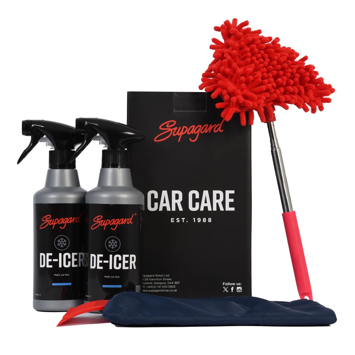 Supagard Auto-Winter-Set – 2 x 500 ml hochkonzentriertes Enteiser-Spray, Eiskratzer, Entfeuchtungstuch – schnelle und effektive Entfernung von Eis, Frost und Kondenswasser von Fenstern und Spiegeln von Supagard