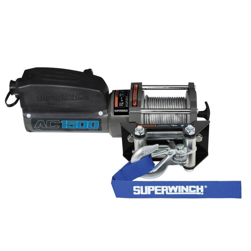 Superwinch 1715001 AC 1500 Seilwinde, 680 kg, Einzelschnurzug mit Rolle, 0,38 cm x 9,9 m, Stahldrahtseil, Handfernbedienung von Superwinch