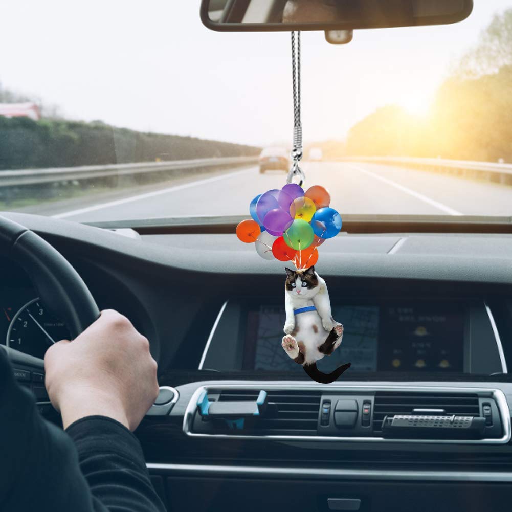 Surakey Nette Katze Hängen Anhänger mit Bunte Ballon,Niedlicher Tier Autospiegel Rückspiegel Ornament Dekoration für Auto Interior Dekor Autodekoration von Surakey