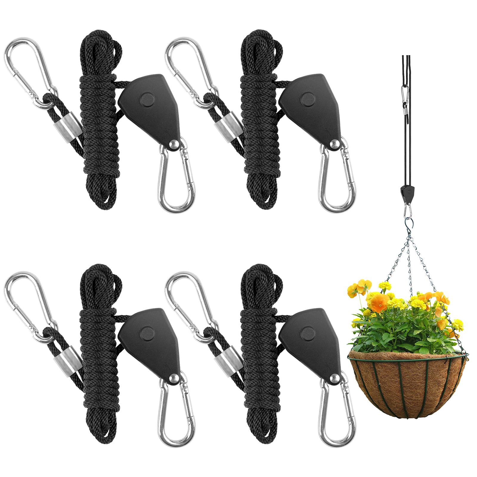 4 Stück Seilratsche, 1/8 Zoll Einstellbare Ratchet Hangers mit Haken, Seil Ratsche, 2M Seilzugratsche Ratschenseil zur Einstellung der Riemenscheibe für Pflanzenventilator Licht Zimmerpflanzen von Svalor