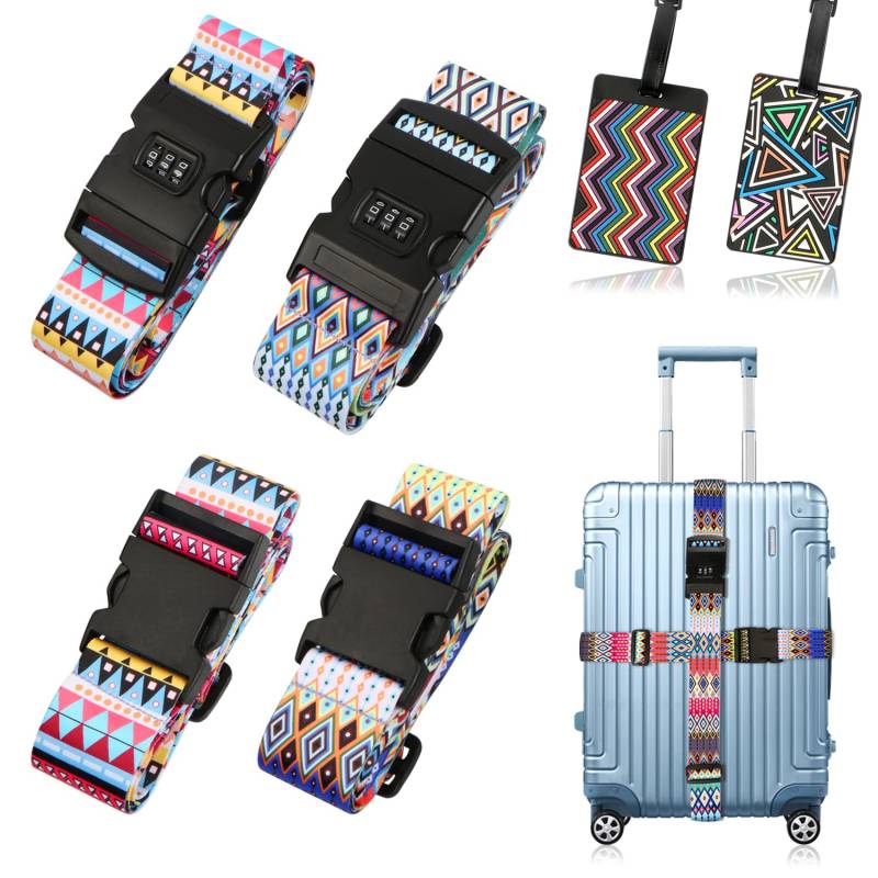 Koffergurt, kofferband bunt, 4 Stück Gepäckgurt Einstellbare Kofferband, 2 Stück Kofferanhänger, Koffergurt mit Zahlenschloss, Luggage Strap für Koffer, Premium Koffergurt, Böhmen Ethno-Stil von Sweetone