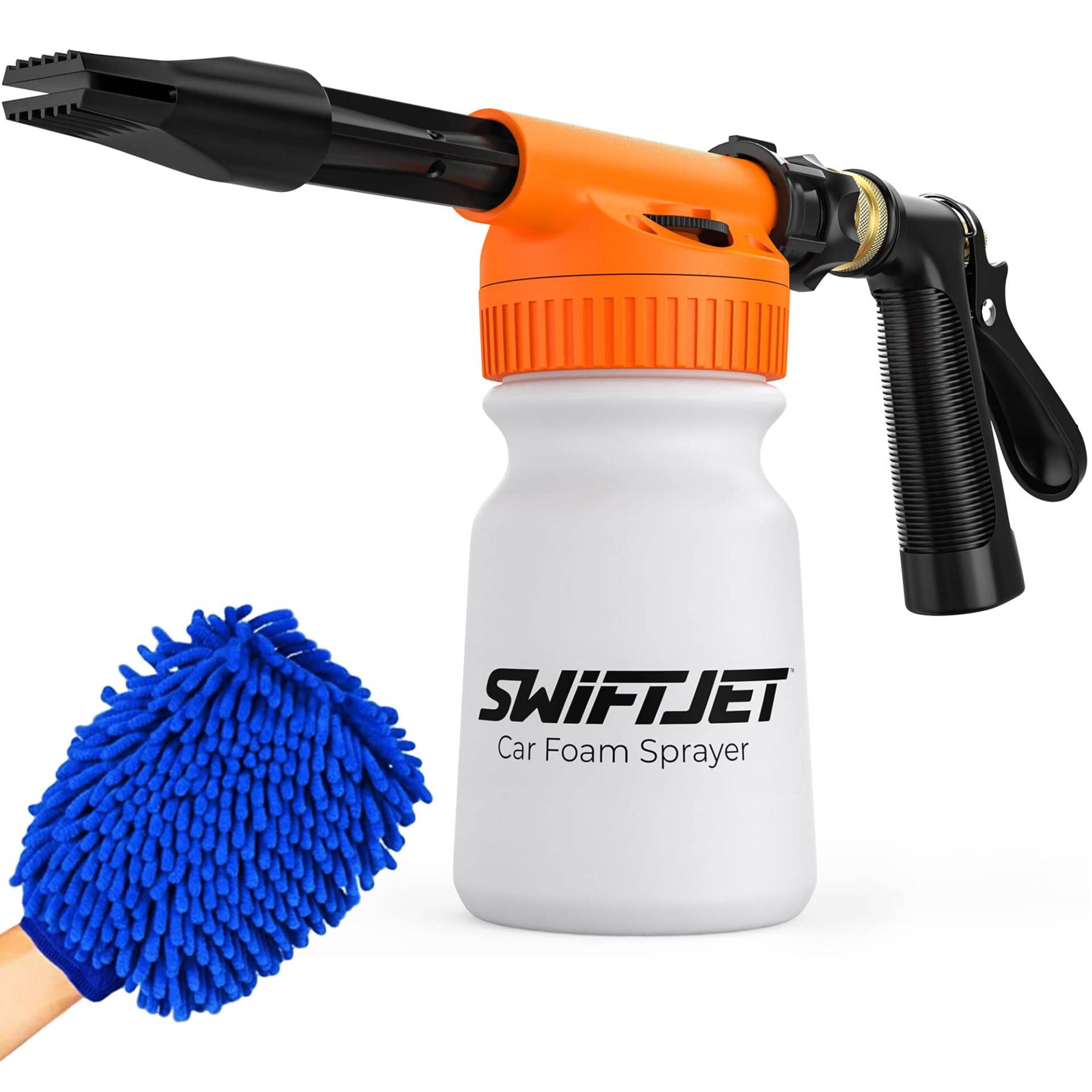 SwiftJet Autowaschschaumpistole + Mikrofaser-Waschhandschuh – Auto-Schaumsprüher – Autowaschset – Schaumkanone Gartenschlauchsprüher – Autozubehör für Herren – Schneeschaum-Blaster (orangefarbene von SwiftJet