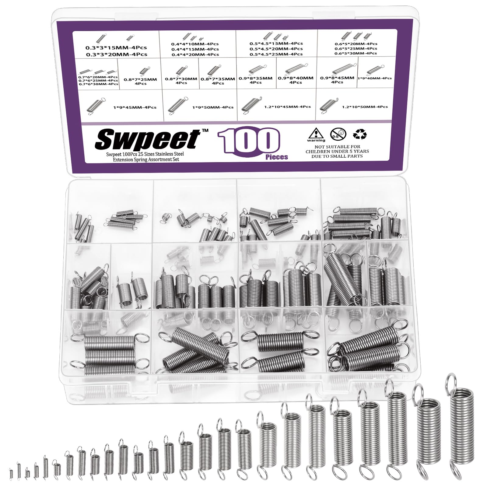 Swpeet 100Pcs 25 verschiedene Größen Edelstahl Verlängerung Feder mit einem Dual Hook Sortiment Kit, mechanische Verlängerung Federn kleine Feder für Heimreparaturen von Swpeet