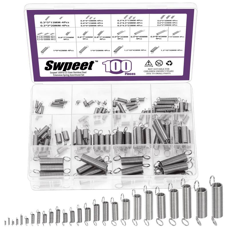 Swpeet 100Pcs 25 verschiedene Größen Edelstahl Verlängerung Feder mit einem Dual Hook Sortiment Kit, mechanische Verlängerung Federn kleine Feder für Heimreparaturen von Swpeet