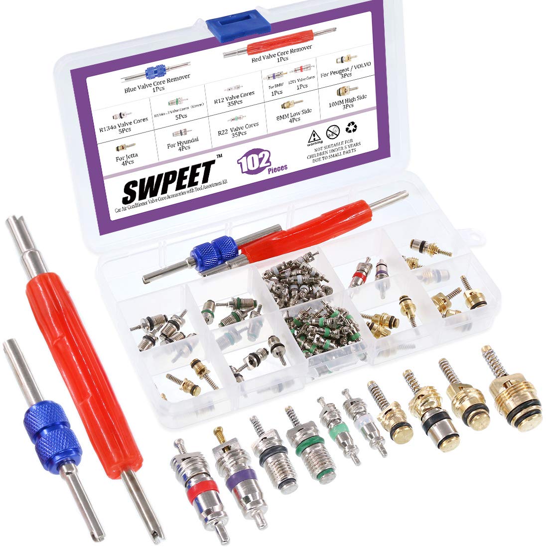 Swpeet 102 PCS Klimaanlage Ventil Core Zubehör Kit inkl. Sortiment R12 R134a Ventil Kern Kühlung Reifen Ventil Vorbaukerne mit Entferner Werkzeug für die meisten Autos von Swpeet