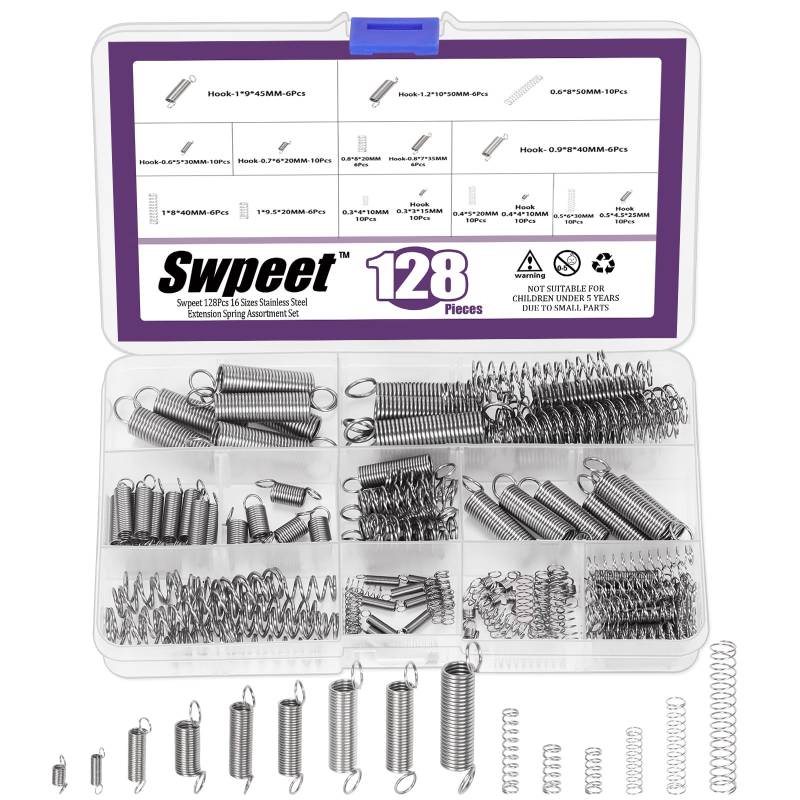 Swpeet 128Pcs 16-Größen Edelstahl Verlängerung und Druckfedern Kit, Verlängerung Feder mit einem Doppelhaken mechanische Federn Kleine Feder für Heimreparaturen von Swpeet