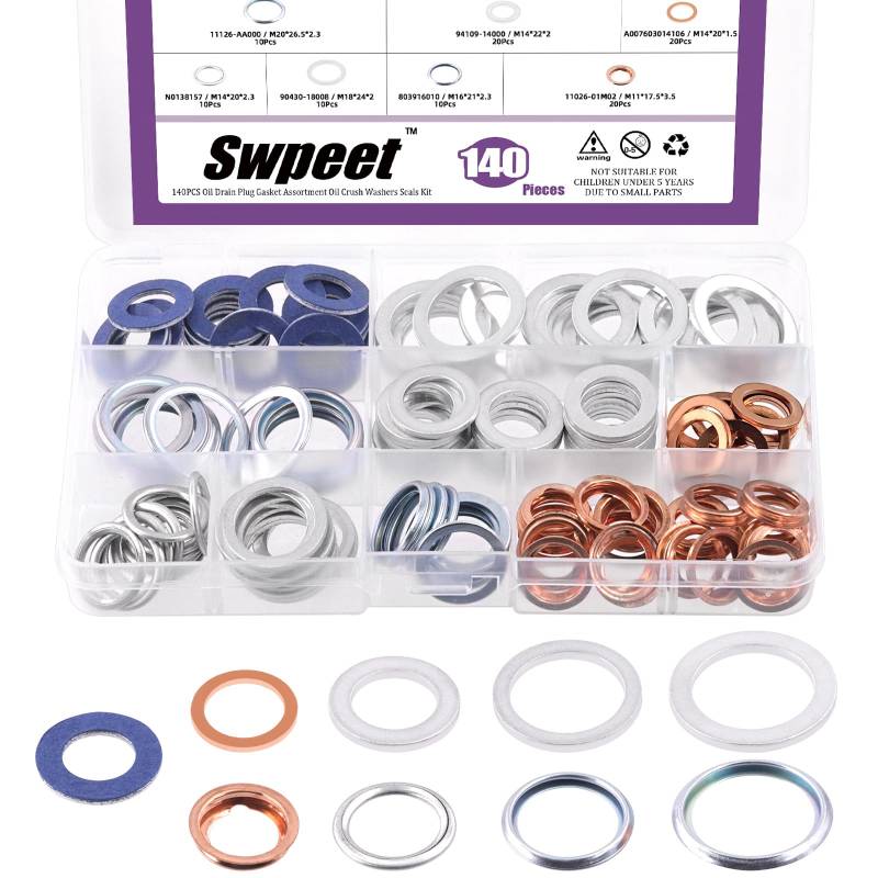 Swpeet 140Pcs 9 Arten Öl Drain Plug Dichtung Assortiment Kit, Aluminium/Kupfer/Stahl Öl Crush Unterlegscheiben Dichtung Kit von Swpeet