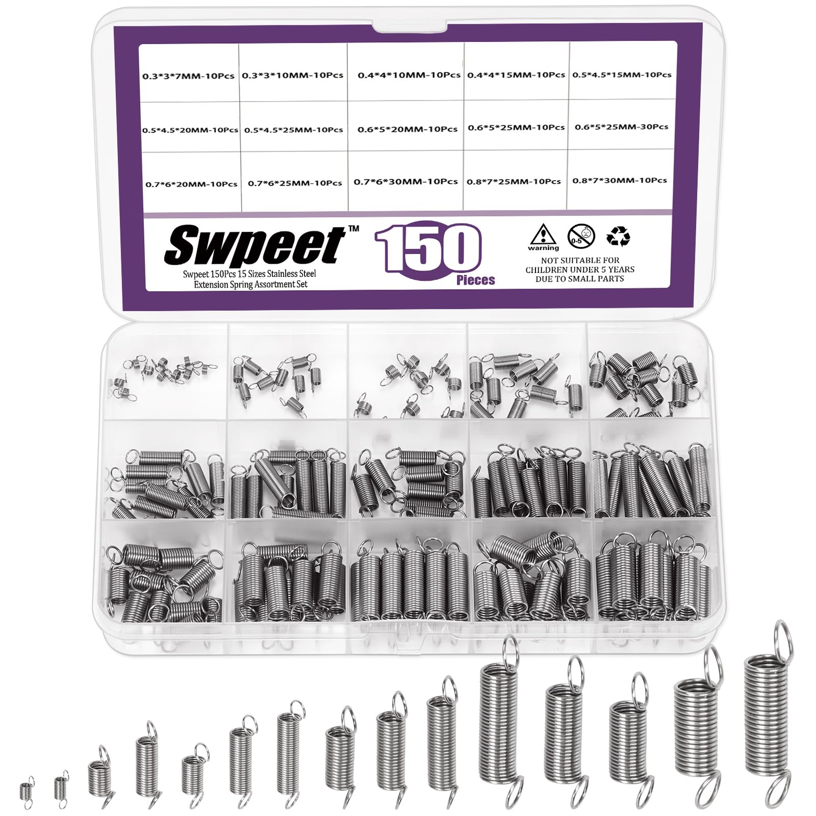 Swpeet 150Pcs 15 verschiedene Größen Edelstahl Verlängerung Frühling mit einem Dual Hook Assortiment Kit, mechanische Verlängerung Federn kleine Feder für Heimreparaturen von Swpeet