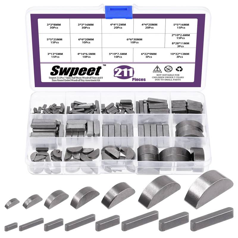 Swpeet 211Pcs Metrische Woodruff Schlüssel Assortiment Kit mit 15-Größen Woodruff Halbkreis Schlüssel Halbmond Schlüssel Keyway Welle Kurbel Schlüssel Parallel Drive Welle Schlüssel von Swpeet