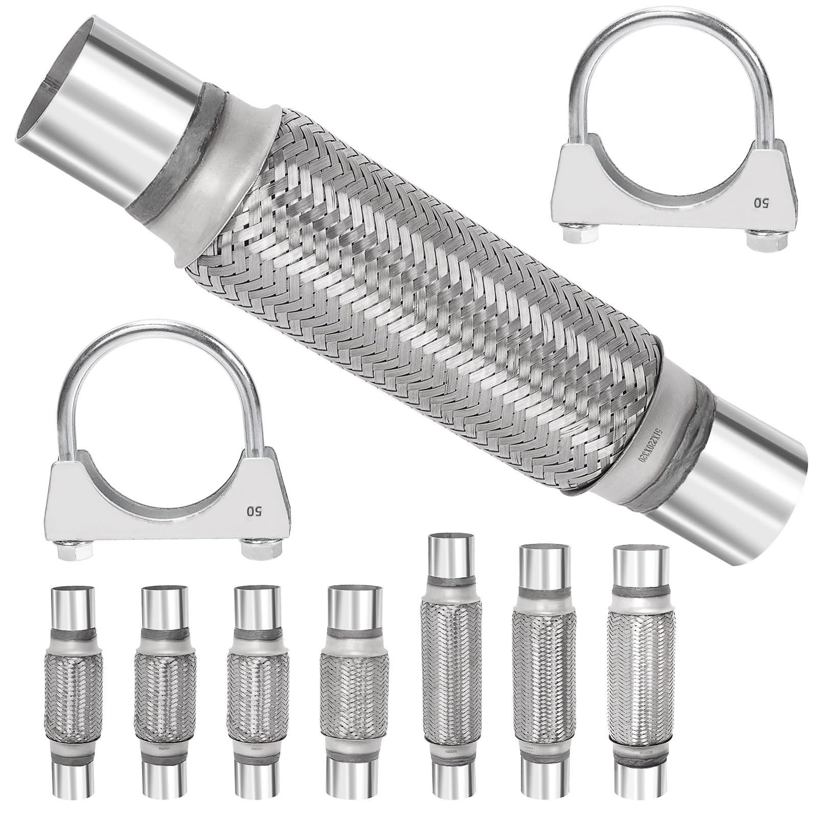 Swpeet 3Pcs 2 X 7.9 Zoll Auspuff Flex Rohr mit 2 Zoll Auspuff U Klemme Kit, Universal Typ Edelstahl Doppelgeflecht Auspuff Flex Rohr Ideal für Heavy Duty und Autos von Swpeet