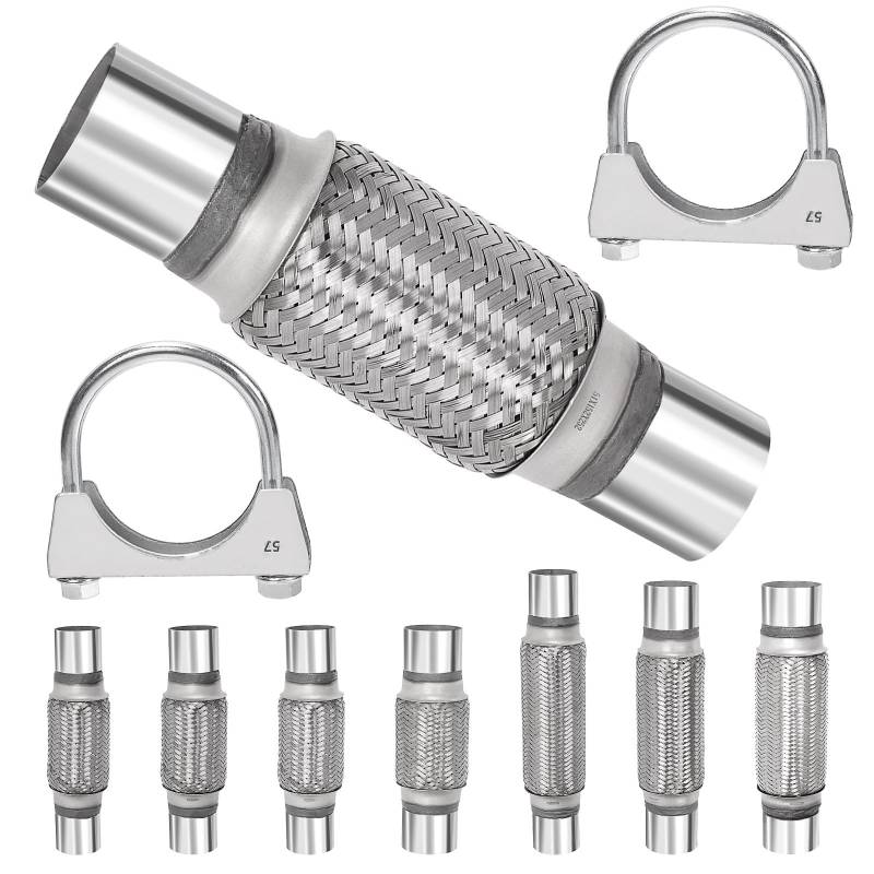 Swpeet 3Pcs 2.25 X 6 Zoll Auspuff Flex Rohr mit 2.2 Zoll Auspuff U Klemme Kit, Universal Typ Edelstahl Doppelgeflecht Auspuff Flex Rohr Ideal für Heavy Duty und Autos von Swpeet