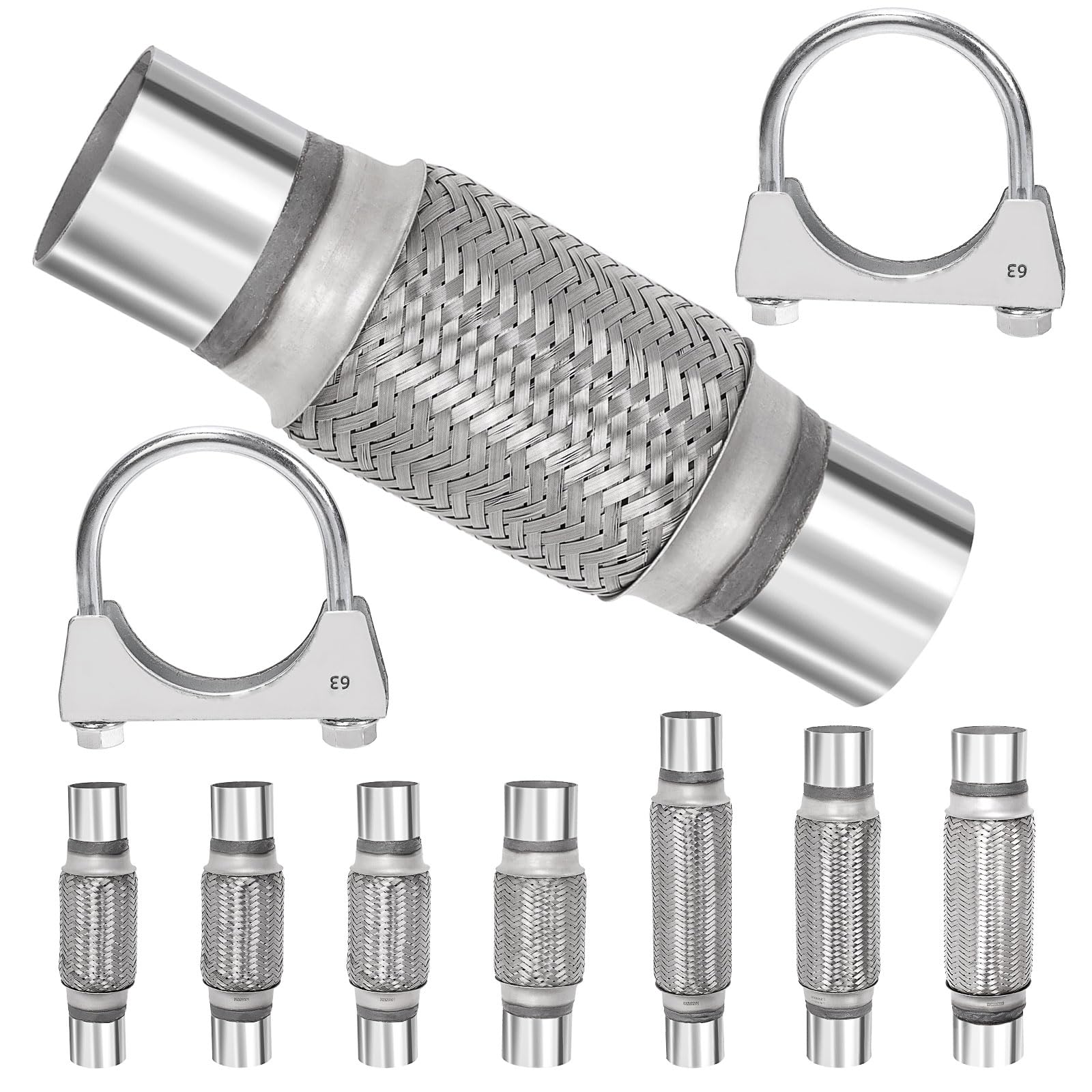 Swpeet 3Pcs 2.5 X 6 Zoll Auspuff Flex Rohr mit 2.5 Zoll Auspuff U Klemme Kit, Universal Typ Edelstahl Doppelgeflecht Auspuff Flex Rohr Ideal für Heavy Duty und Autos von Swpeet