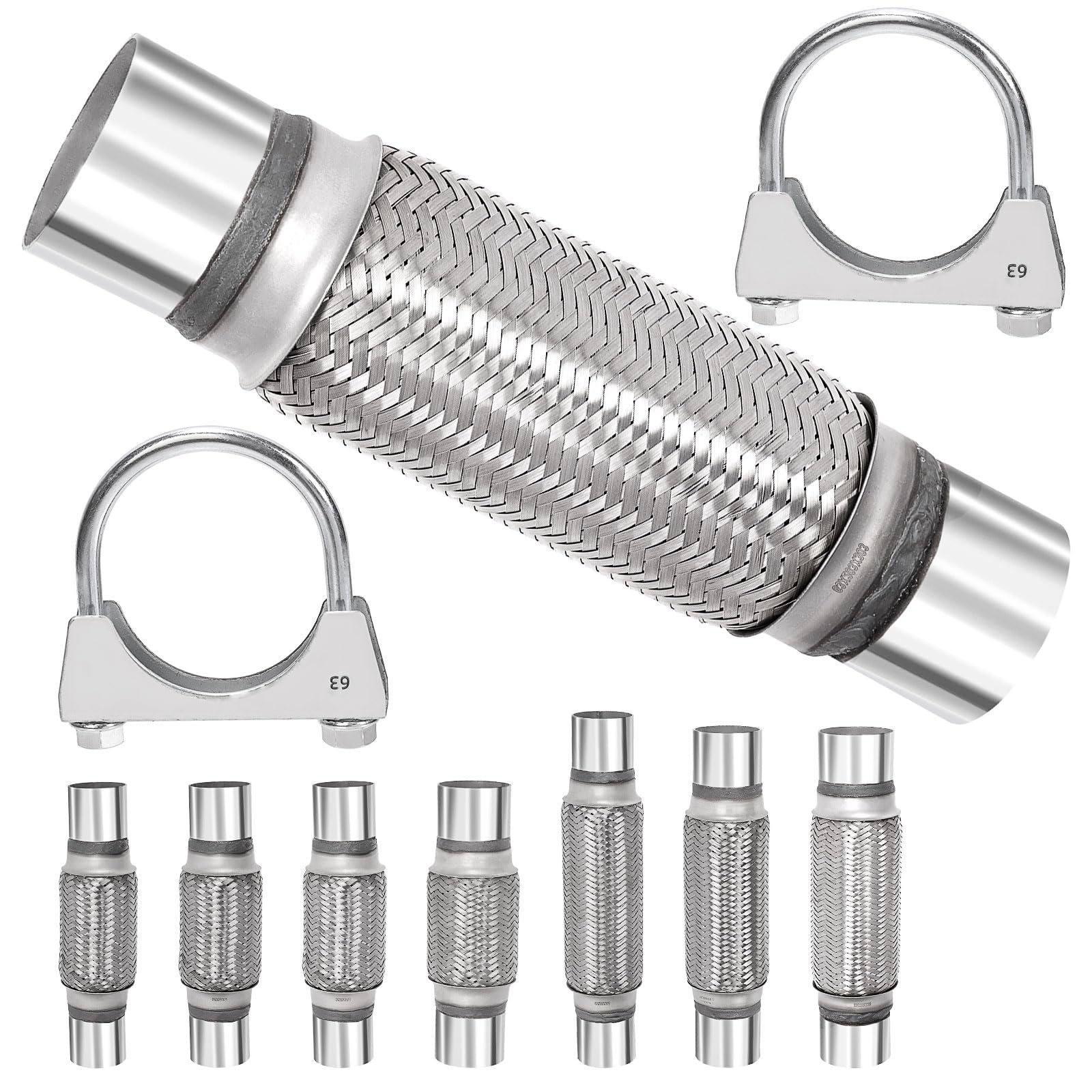 Swpeet 3Pcs 2.5 X 7.9 Zoll Auspuff Flex Rohr mit 2.5 Zoll Auspuff U Klemme Kit, Universal Typ Edelstahl Doppelgeflecht Auspuff Flex Rohr Ideal für Heavy Duty und Autos von Swpeet