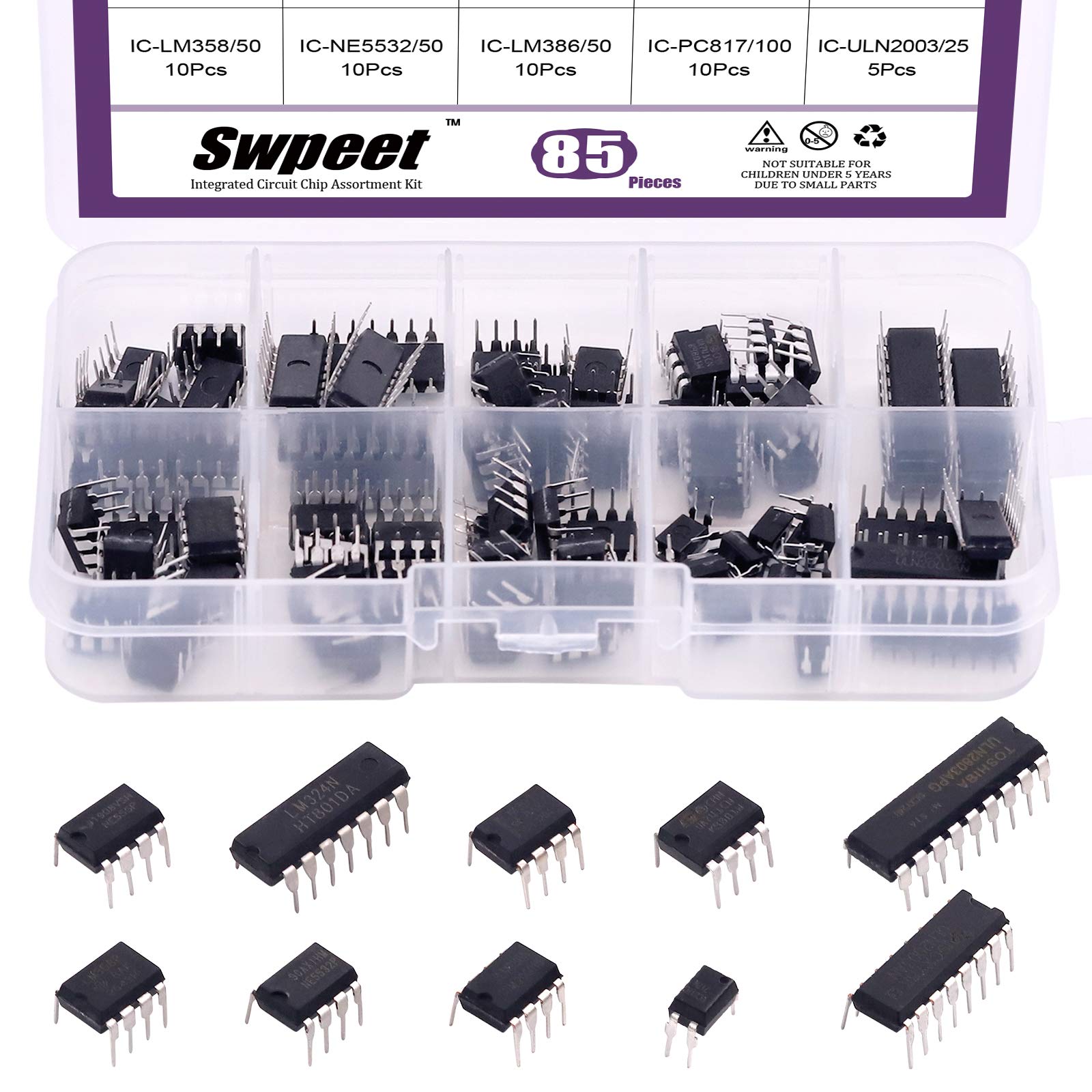 Swpeet 85 Stück 10 Arten integrierter Schaltkreis-Chip-Sortiment-Kit, LM-Serie Dual/Quad Operationsverstärker Opamp, Single Precision Timer, PWM – LM324 LM358 LM386 LM393 UA741 NE5532 NE555 von Swpeet