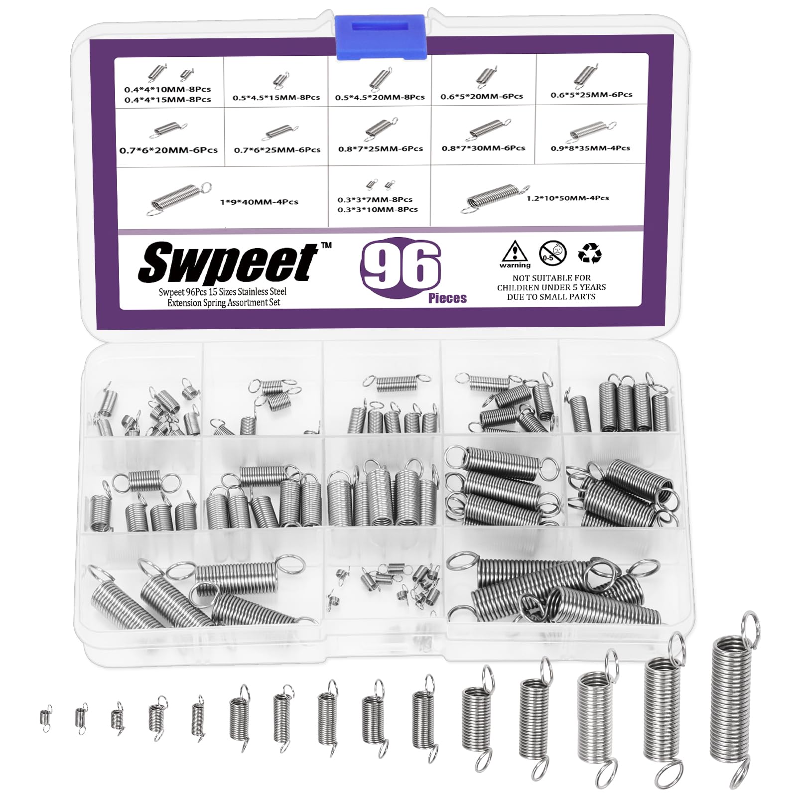 Swpeet 96Pcs 15 Verschiedene Größen Edelstahl Verlängerung Feder mit einem Dual Hook Assortiment Kit, mechanische Verlängerung Federn Kleine Feder für Heimreparaturen von Swpeet