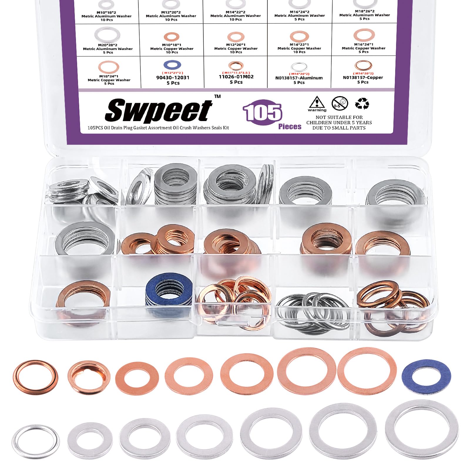 Swpeet Automotive Oil Drain Plug 105Pcs M10 M12 M14 M16 M18 M20 Aluminiumfeder Cooper Unterlegscheibe Dichtung und 4 Styles Öl Abfluss Stecker Sortiment Kit, Öl Crush Unterlegscheiben Dichtungen Kit von Swpeet