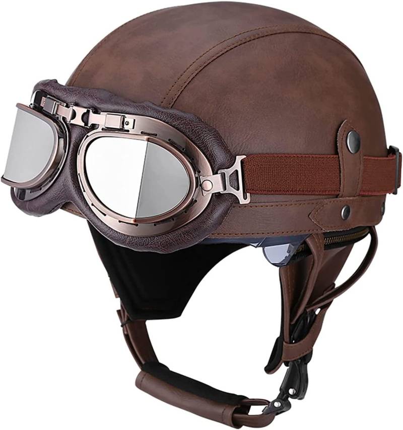 Syagot Retro Motorradhelm Lederhelm Jethelme Leder-Helm Vintage Mopedhelm Mit Brille Motorradkreuzer-Rollerhelm im Deutschen Stil (L) von Syagot