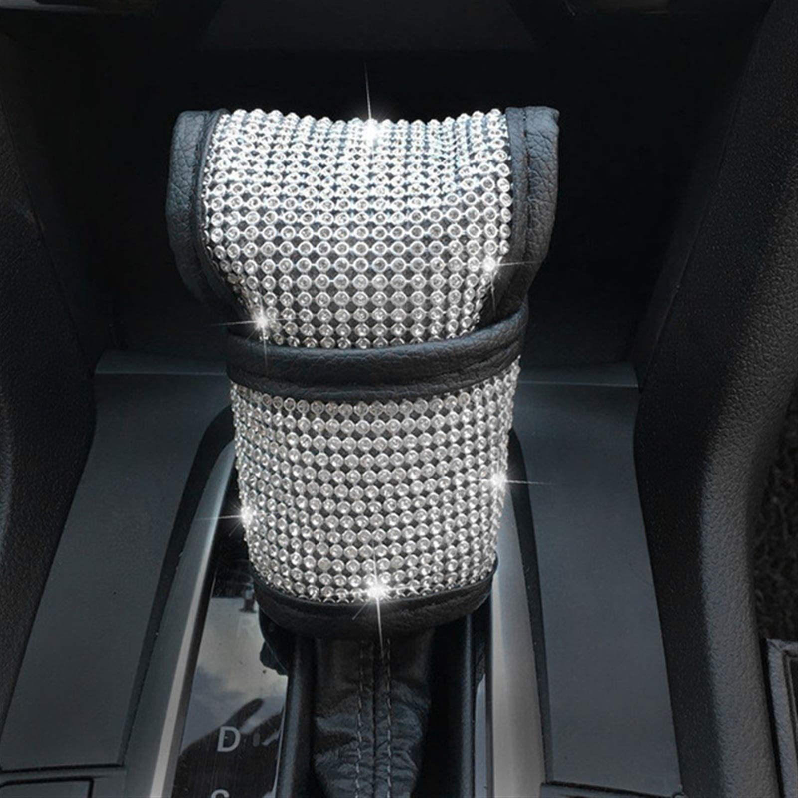 Szwaldaper Strass Kristall Dekor Auto Schalthebelbezug Taillenstütze Nackenkissen Radabdeckung Kristall Diamant Auto Dekor Zubehör Set Auto-Entlüftungsringabdeckung(Shift knob Cover) von Szwaldaper