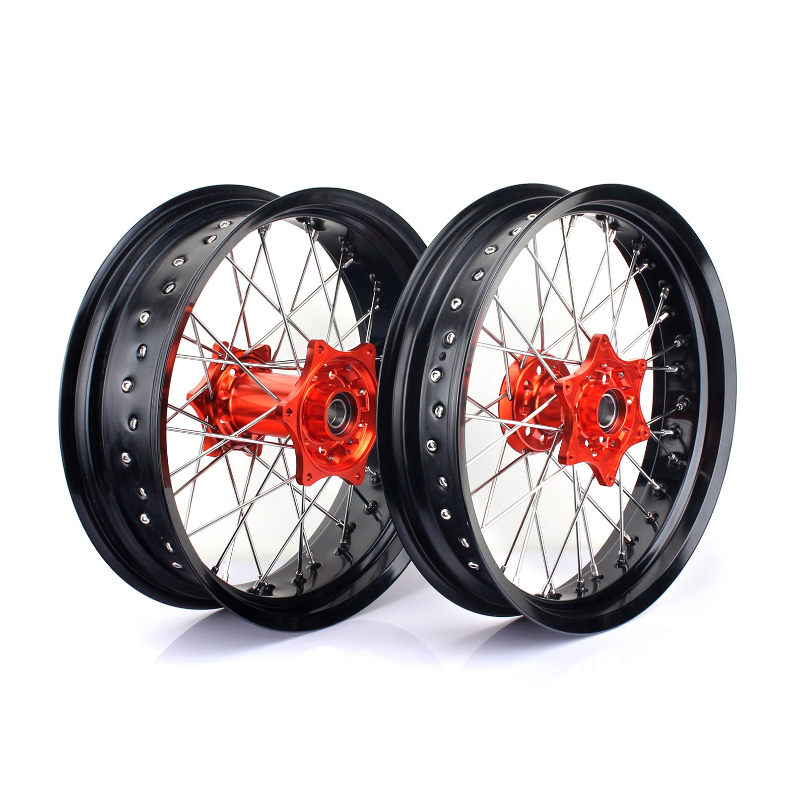 TARAZON 17" x 3,5''+17" x5,0'' Supermoto Felgensatz Radsatz Schwarz Felgen Orange Naben für EXC SX-F 125 250 300 450 525 530 von TARAZON