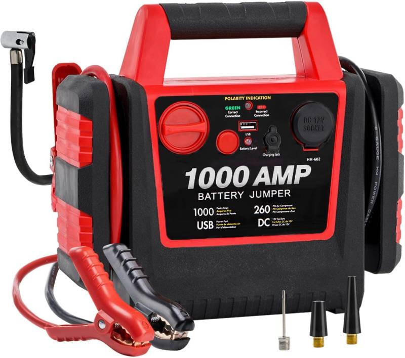 Auto Jump Starter Power Pack mit Luftkompressor, 900A 12V UltraSafe Blei-Säure Batterie Booster Power Pack, Power Bank Ladegerät mit USB-Buchse und DC-Steckdose, 150PSI Reifen Inflator mit 3 Adaptern von TIREWELL