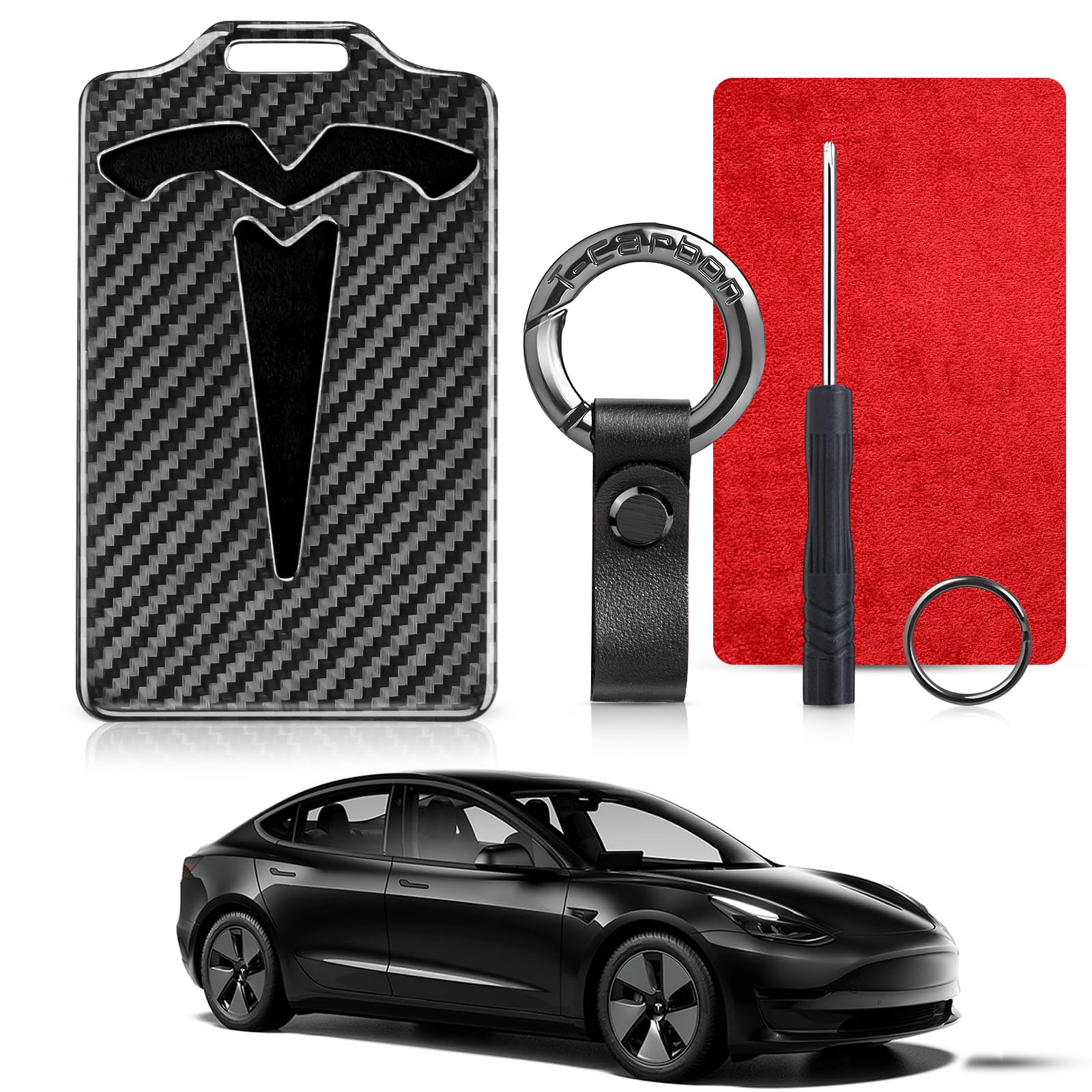 T-carbon Schlüssel Karten Halter kompatibel mit Tesla ,Glasfaser Schlüssel Karten Halter kompatibel mit Model Y Model 3,Card Key Schutzetui mit Schlüsselanhänger aus Leder,Silber Schwarz von T-carbon