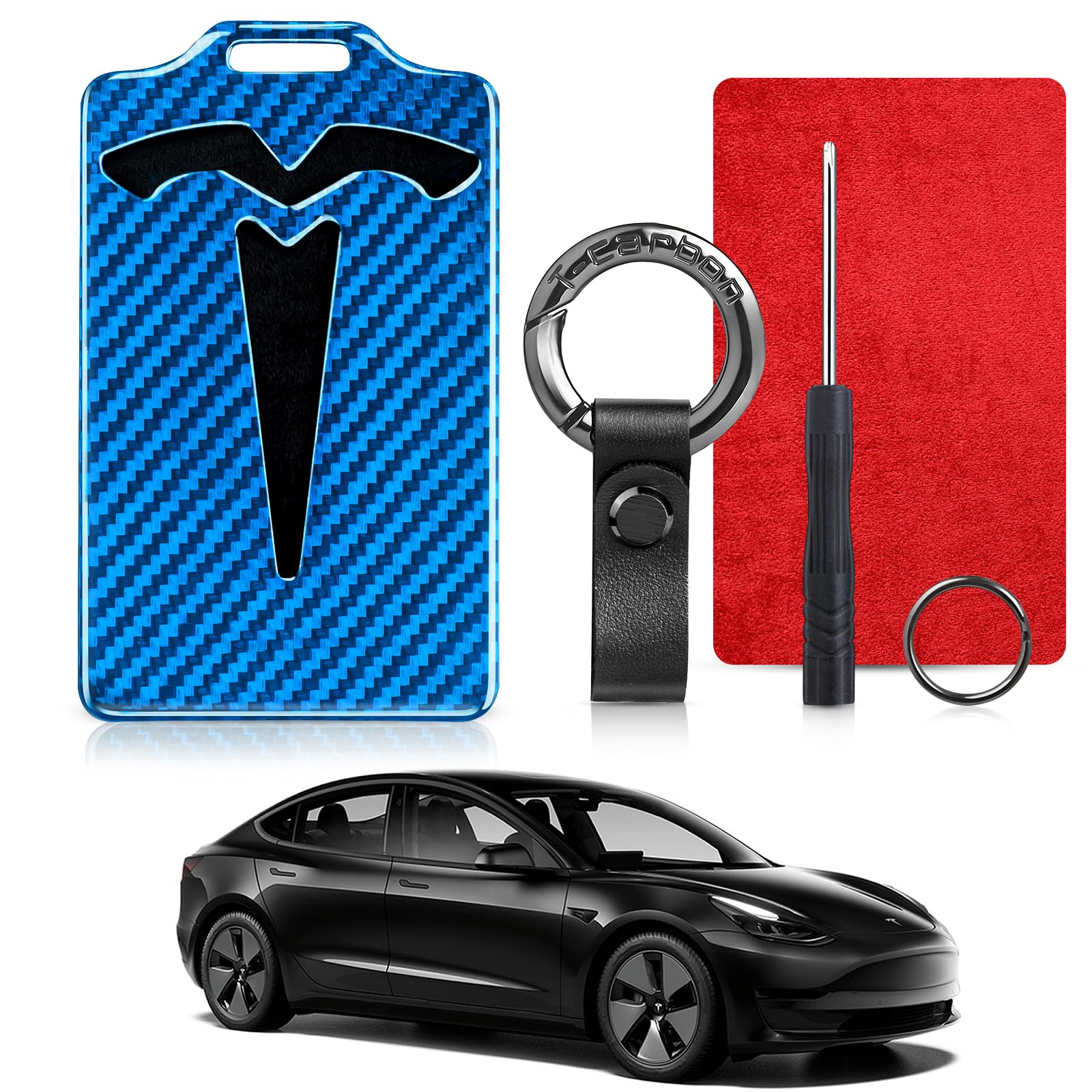 T-carbon Schlüssel Karten Halter kompatibel mit Tesla Model Y Model 3，Glasfaser Card Key Schutzetui mit Schlüsselanhänger aus Leder,Blau von T-carbon