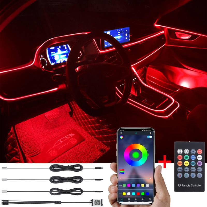 TABEN Auto Atmosphärenlicht Kit Musiksynchronisation Mehrfarbig RGB 16 Millionen Farben 4 Meter Glasfaser USB-Ambientebeleuchtung Kit, drahtlose RF-Fernbedienung und Bluetooth-App-Steuerung DC 12V von TABEN