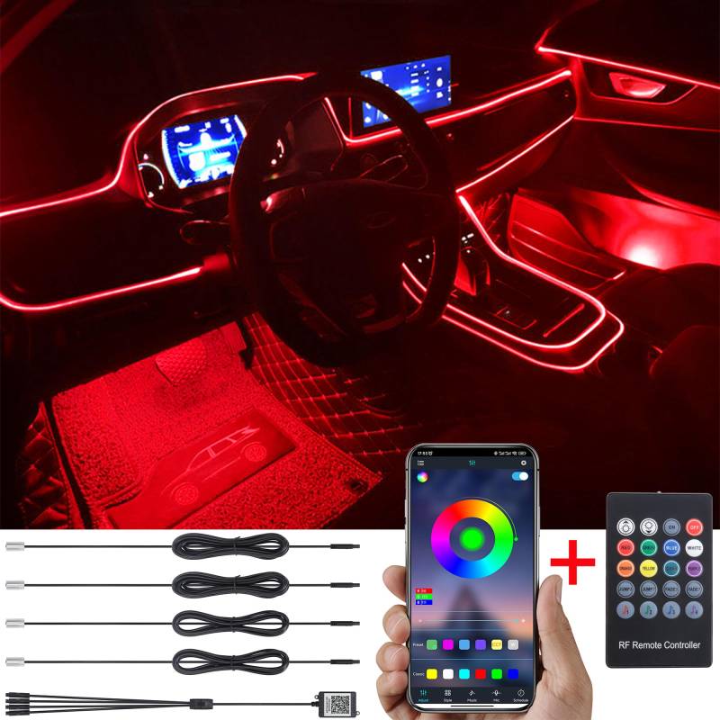 TABEN Auto Atmosphärenlicht Kit Musiksynchronisation Mehrfarbig RGB 16 Millionen Farben 5 Meter Glasfaser USB-Ambientebeleuchtung Kit, drahtlose RF-Fernbedienung und Bluetooth-App-Steuerung DC 12V von TABEN