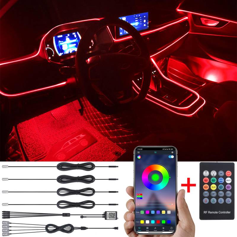 TABEN Auto Atmosphärenlicht Kit Musiksynchronisation Mehrfarbig RGB 16 Millionen Farben 5 Meter Glasfaser USB Fußraum Ambientebeleuchtung Kit, Sound-Active RF-Fernbedienung und Bluetooth-App-Steuerung von TABEN