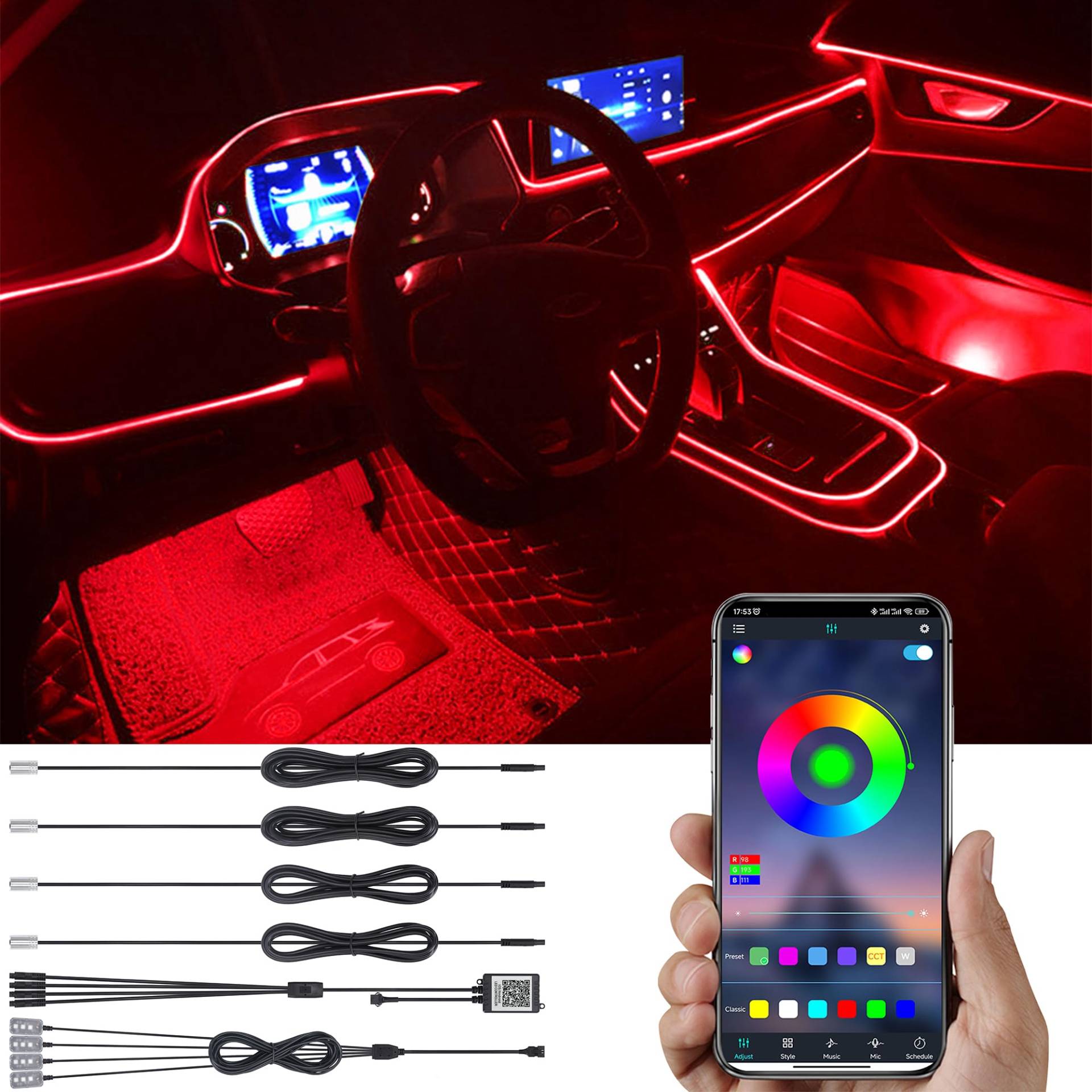 TABEN Auto Atmosphärenlicht Kit Musiksynchronisation Mehrfarbig RGB 16 Millionen Farben 5 Meter Glasfaser USB Fußraum Ambientebeleuchtung Kit, Sound-Active und drahtlose Bluetooth-APP-Steuerung DC 12V von TABEN