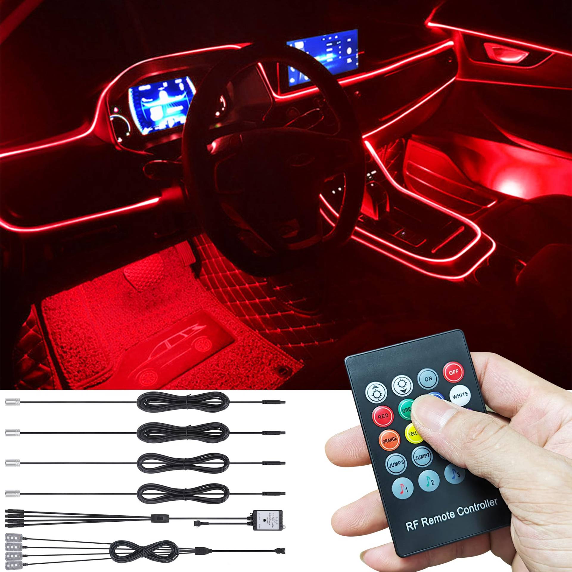 TABEN Auto Atmosphärenlicht Kit Musiksynchronisation Mehrfarbig RGB 16 Millionen Farben 5 Meter Glasfaser USB Fußraum Umgebungsbeleuchtung Kits Sound Aktiv, RF Fernbedienung DC 12V von TABEN