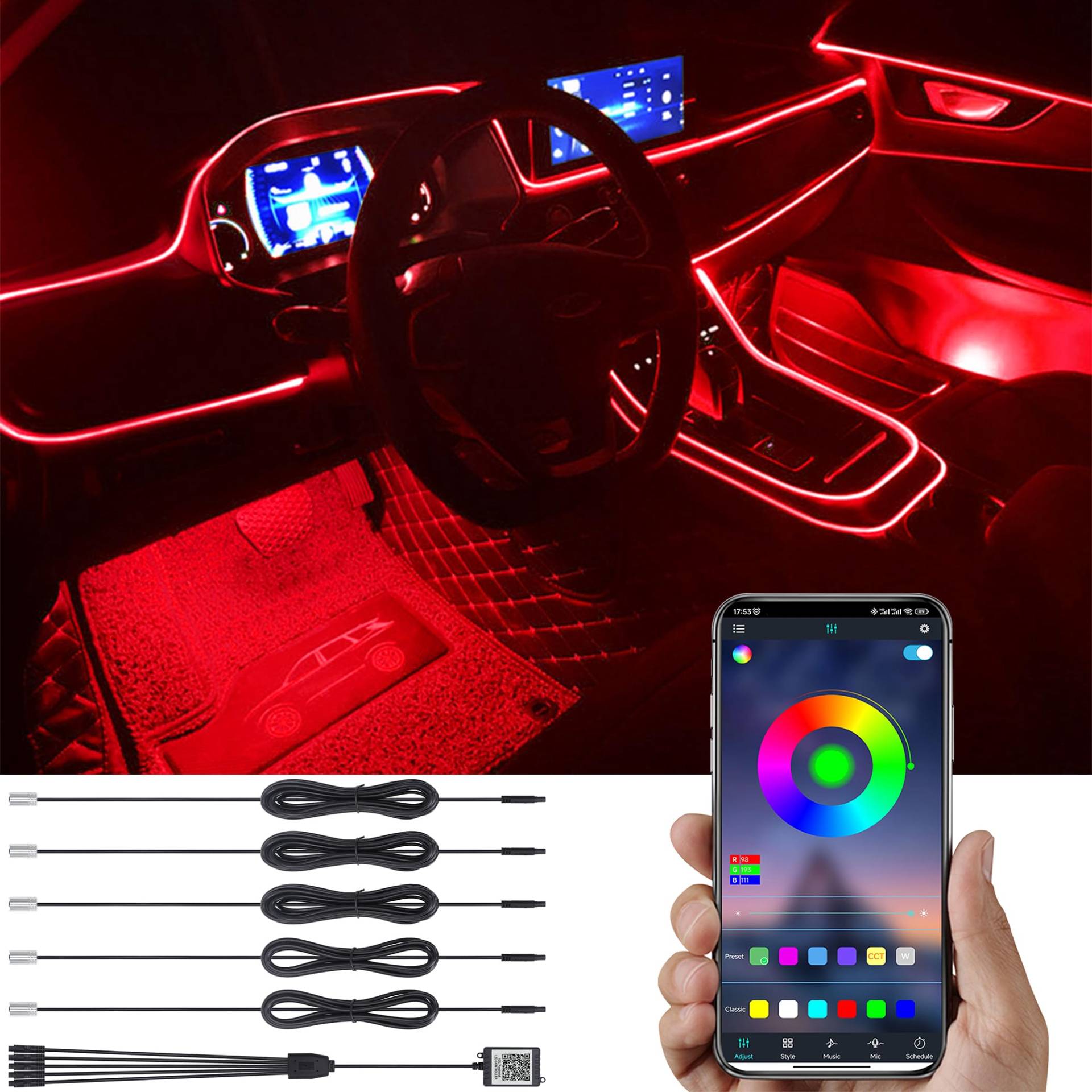 TABEN Auto Atmosphärenlicht Kit Musiksynchronisation Mehrfarbig RGB 16 Millionen Farben 6 Meter Glasfaser USB Ambientebeleuchtung Kit, Sound-Active-Funktion und drahtlose Bluetooth-App-Steuerung 12 V von TABEN