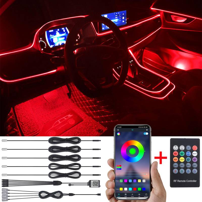 TABEN Auto Atmosphärenlicht Kit Musiksynchronisation Mehrfarbig RGB 16 Millionen Farben 6 Meter Glasfaser USB Fußraum Ambientebeleuchtung Kit, Sound-Active RF-Fernbedienung und Bluetooth-App-Steuerung von TABEN