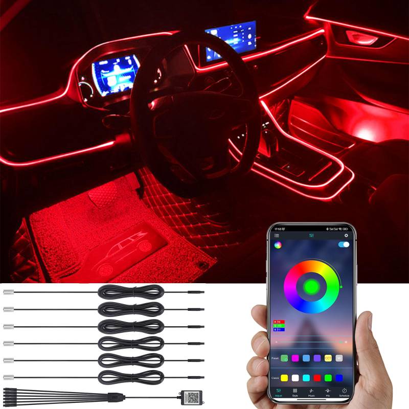 TABEN Auto Atmosphärenlicht Kit Musiksynchronisation Mehrfarbig RGB 16 Millionen Farben 8 Meter Glasfaser USB Ambientebeleuchtung Kit, Sound-Active-Funktion und drahtlose Bluetooth-App-Steuerung 12 V von TABEN