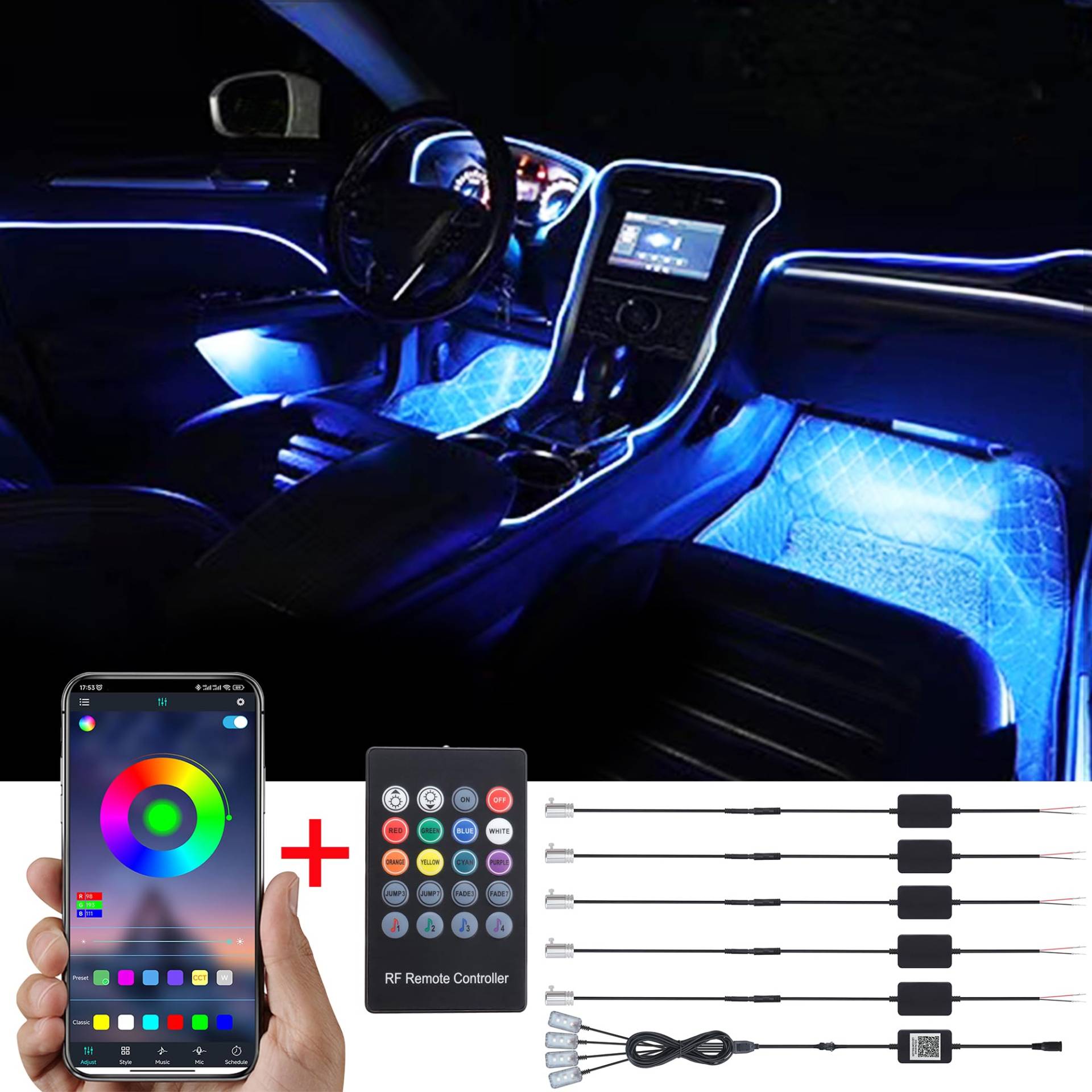 TABEN Auto Innenraum Umgebungslicht 64 Farben APP Control Auto Dekoration Atmosphäre Licht Kit Wasserdicht Glasfaser Atmosphäre Neonstreifen Kaltlichter 1W DC 12V-24V 6m von TABEN