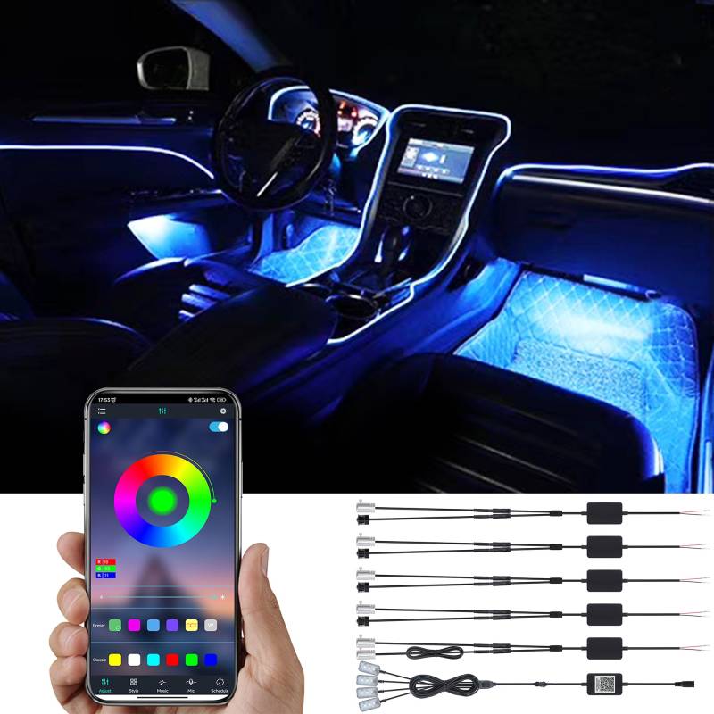 TABEN Auto Innenraum Umgebungslicht 64 Farben APP Control Auto Dekoration Atmosphäre Licht Kit Wasserdicht Glasfaser Atmosphäre Neonstreifen Kaltlichter 1W DC 12V-24V 8m von TABEN