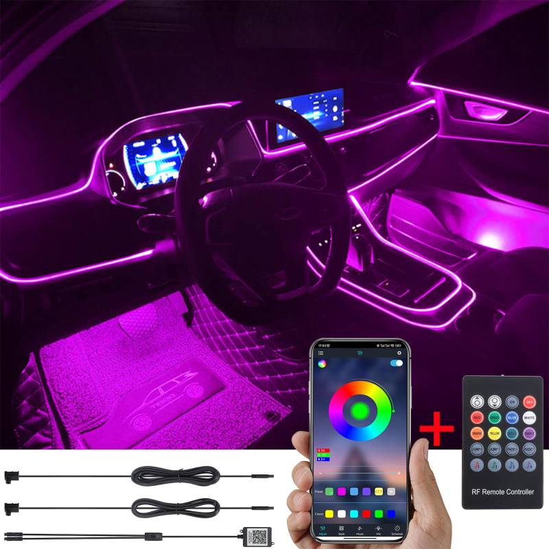 TABEN Auto Umgebungsbeleuchtung Kit 3 m Glasfaser 64 Farben RF Fernbedienung + Bluetooth APP Steuerung USB Auto Atmosphäre Licht, DIY 16 Millionen RGB Mehrfarbig Sound Musik Sync Auto Innenbeleuchtung von TABEN