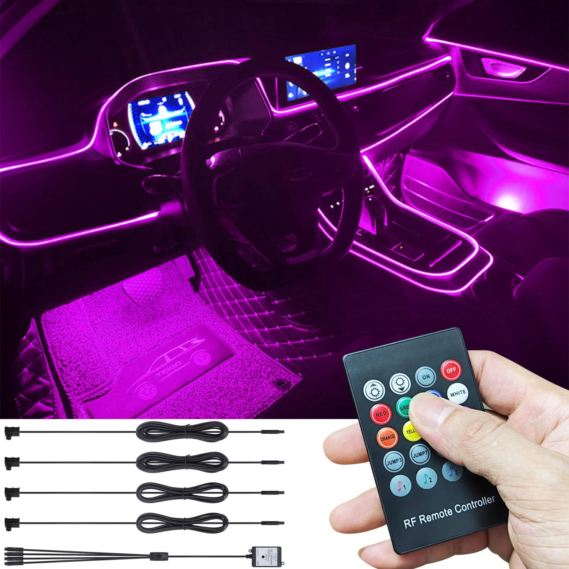 TABEN Auto Umgebungsbeleuchtung Kit 4m Glasfaser 8 Farben RF Fernbedienung USB Auto Atmosphäre Licht, DIY RGB Mehrfarbig Sound Musik Sync Auto Innenbeleuchtung DC 12V von TABEN