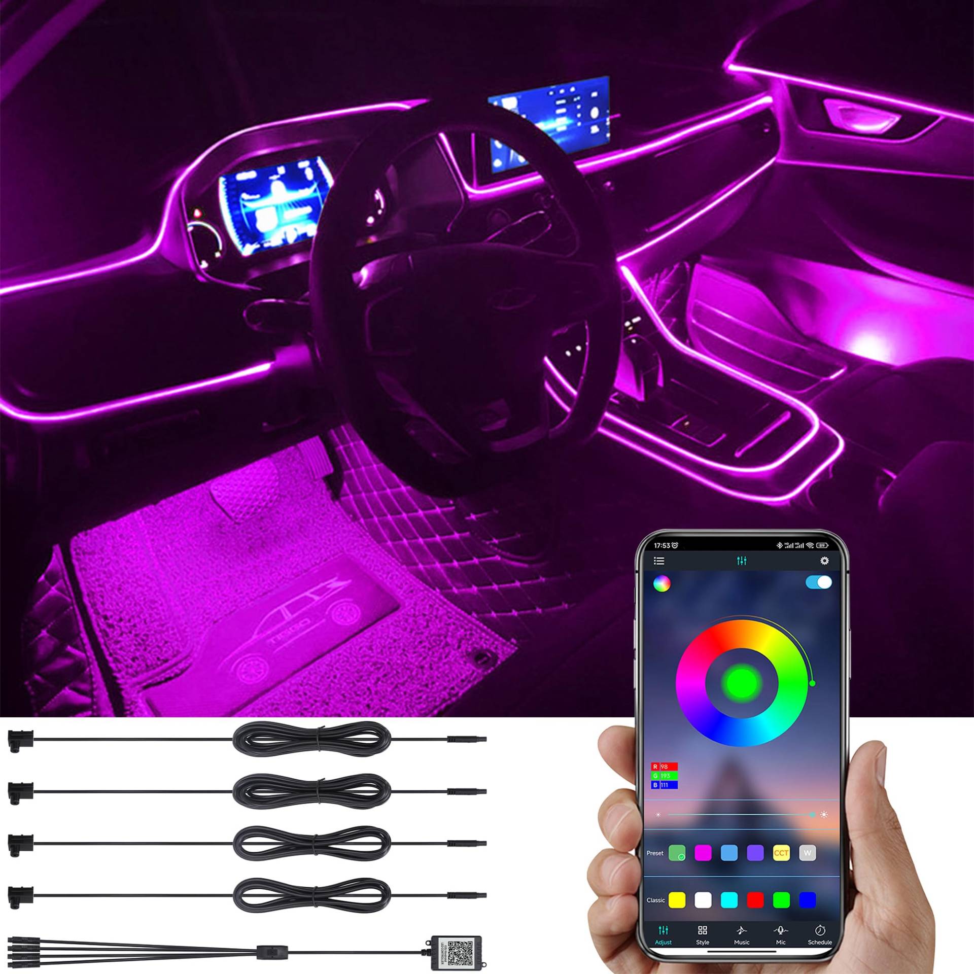 TABEN Auto Umgebungsbeleuchtung Kit 5m Glasfaser 64 Farben Bluetooth APP Steuerung USB Auto Atmosphäre Licht, DIY 16 Millionen RGB Mehrfarbig Sound Musik Sync Auto Innenbeleuchtung DC 12V von TABEN