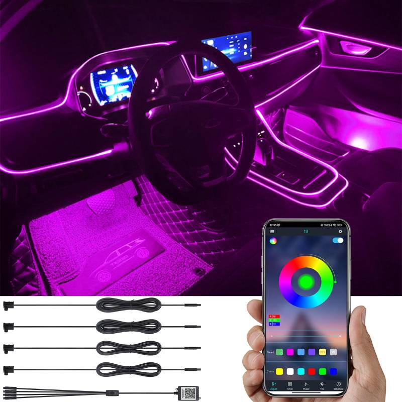 TABEN Auto Umgebungsbeleuchtung Kit 5m Glasfaser 64 Farben Bluetooth APP Steuerung USB Auto Atmosphäre Licht, DIY 16 Millionen RGB Mehrfarbig Sound Musik Sync Auto Innenbeleuchtung DC 12V von TABEN