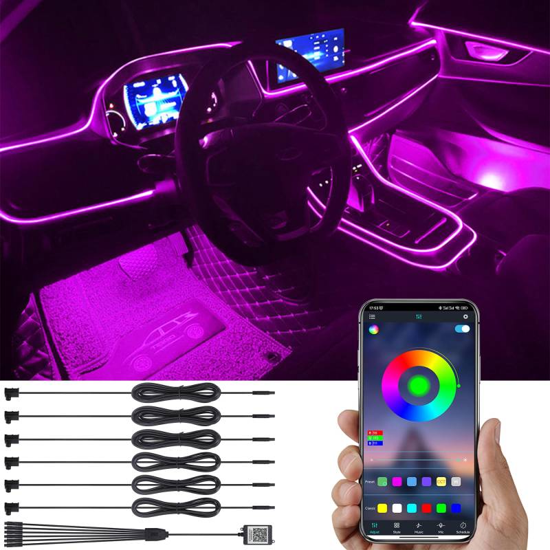 TABEN Auto Umgebungsbeleuchtung Kit 8m Glasfaser 64 Farben Bluetooth APP Steuerung USB Auto Atmosphäre Licht, DIY 16 Millionen RGB Mehrfarbig Sound Musik Sync Auto Innenbeleuchtung DC 12V von TABEN