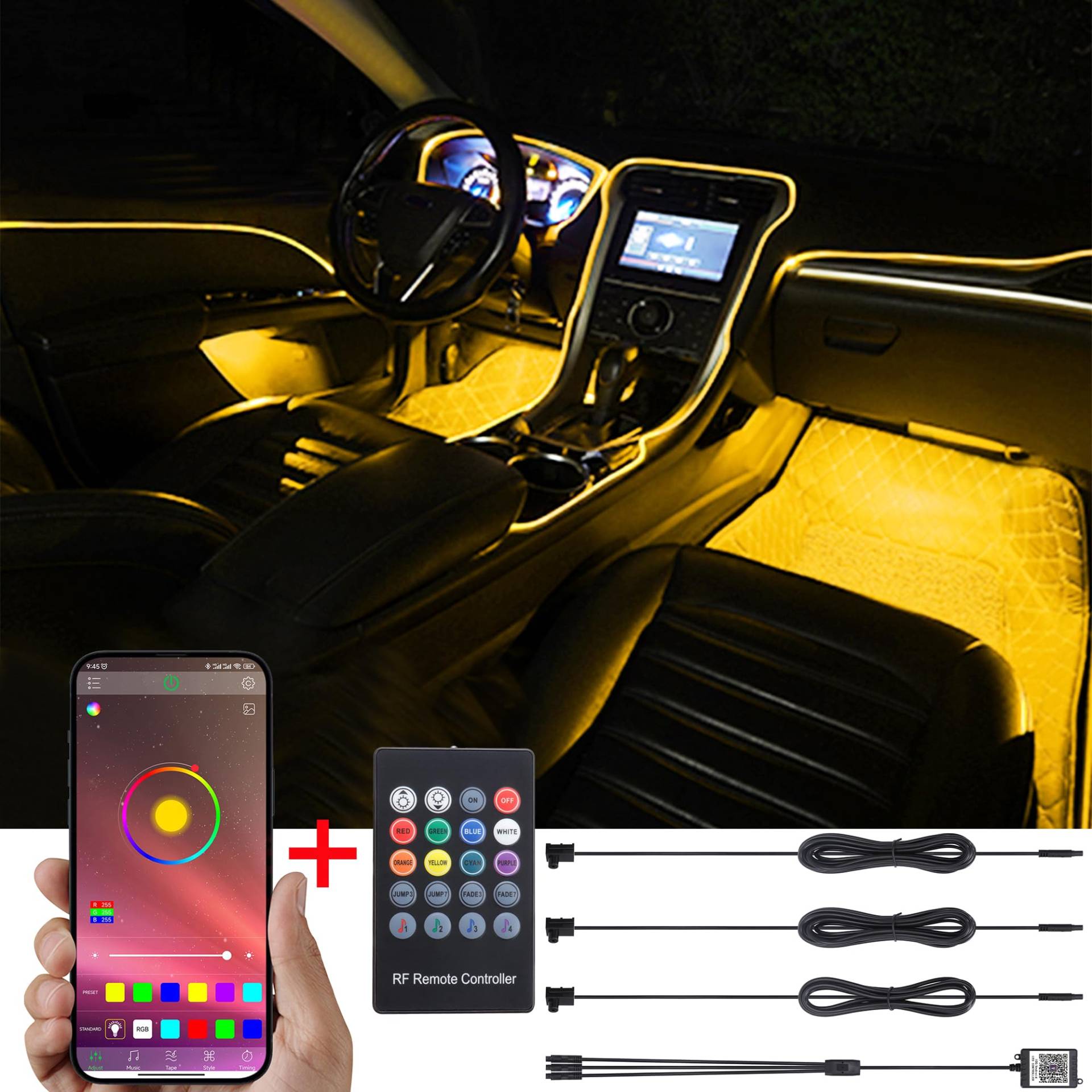 TABEN Auto-Umgebungsbeleuchtungs-Kit, 3 in 1 mit 4 m Glasfaser-Mehrfarben-Autobeleuchtungs-Kit, Musik-Rhythmus-Sound-Aktiver Speicherfunktion, drahtloser Fernbedienung und Bluetooth-APP-Steuerung 12V von TABEN