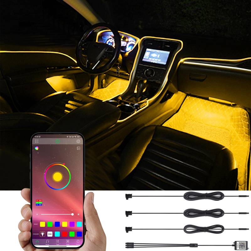 TABEN Auto-Umgebungsbeleuchtungs-Kit, 3 in 1 mit 4m Fiber Optic Multicoloured Car Atmosphere Lighting Kit, Musik-Rhythmus-Sound-Aktiver Speicherfunktion und Bluetooth-APP-Steuerung DC 12V von TABEN